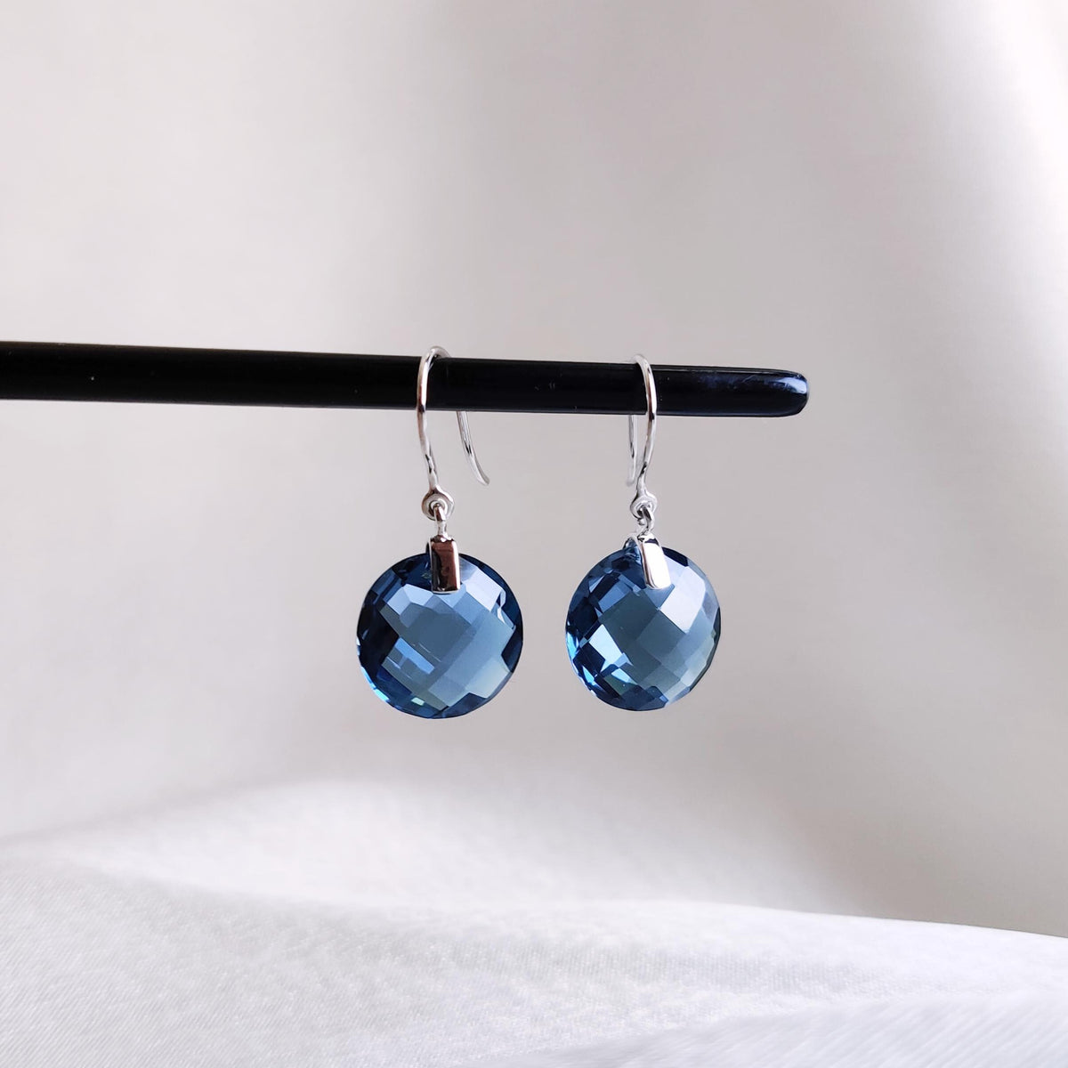 14K Solid White Gold Natural London Blue Topaz Drill Earrings, December Birthstone