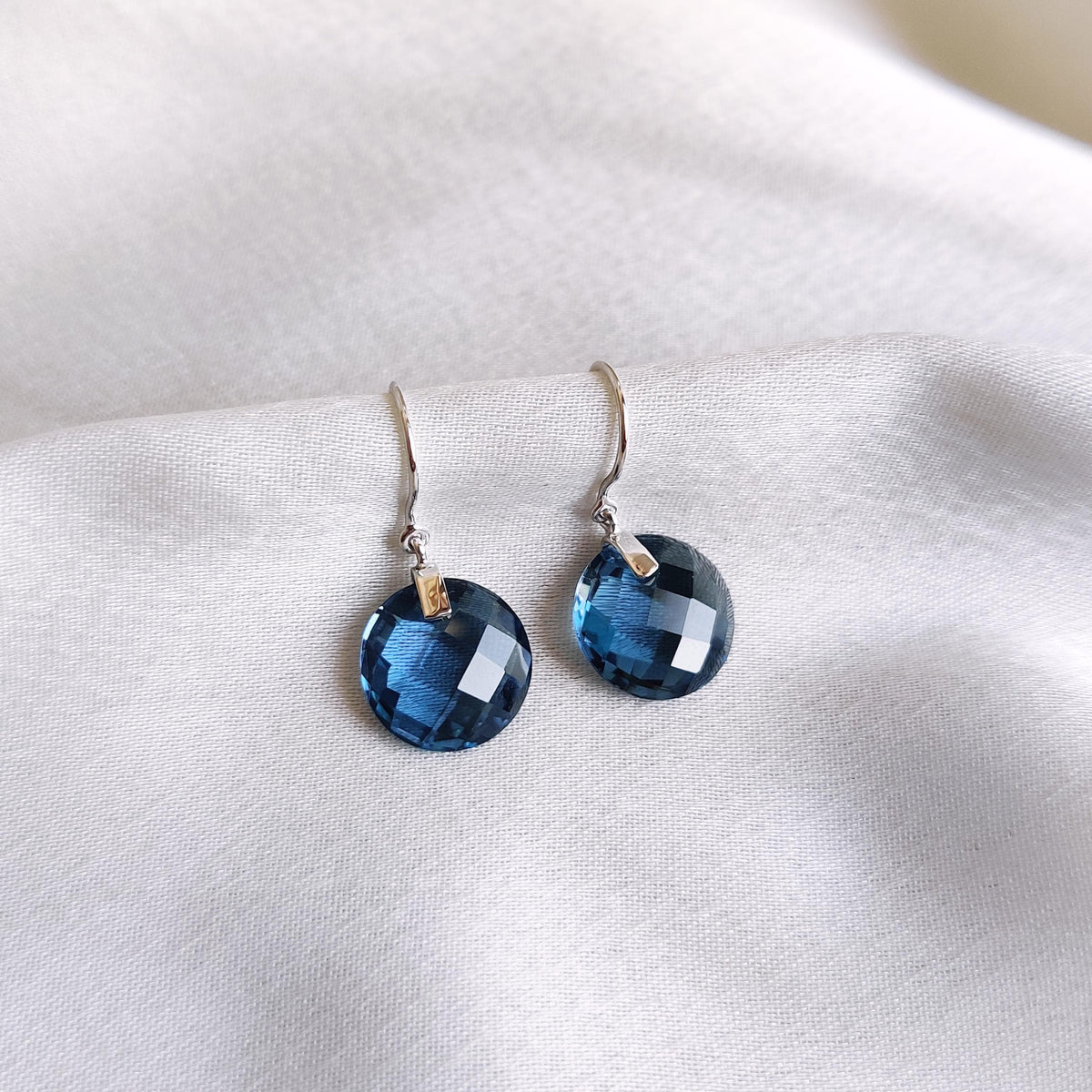 14K Solid White Gold Natural London Blue Topaz Drill Earrings, December Birthstone