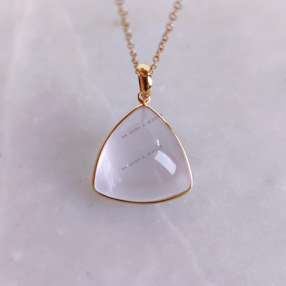Natural Rose Quartz Pendant, 14K Solid Yellow Gold Pendant, Trillion Bezel Set Pendant, January Birthstone, Christmas Present