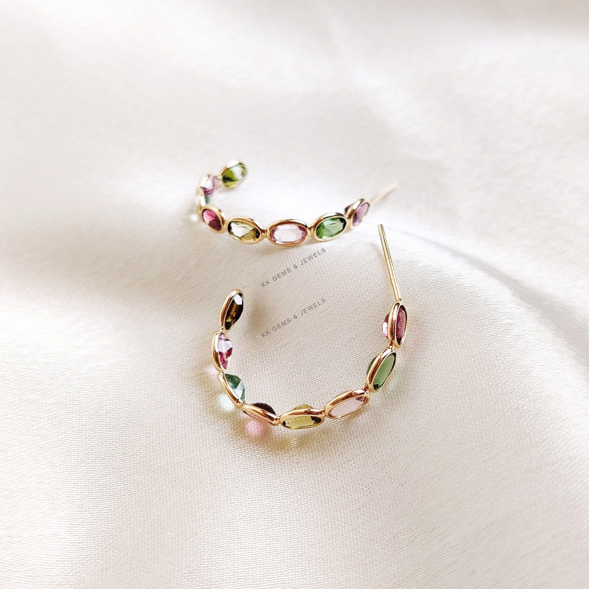 14K Solid Yellow Gold Natural Multi Tourmaline Hoop Earrings, Gemstone Hoops