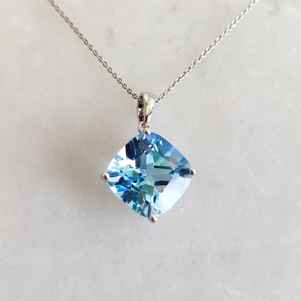 Natural Sky Blue Topaz Pendant, 14K Solid White Gold, Cushion Cut Jewelry