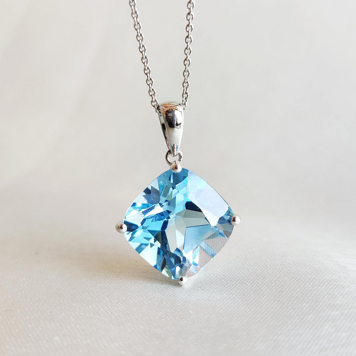 Natural Sky Blue Topaz Pendant, 14K Solid White Gold, Cushion Cut Jewelry