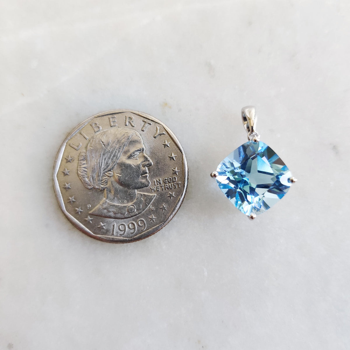 Natural Sky Blue Topaz Pendant, 14K Solid White Gold, Cushion Cut Jewelry