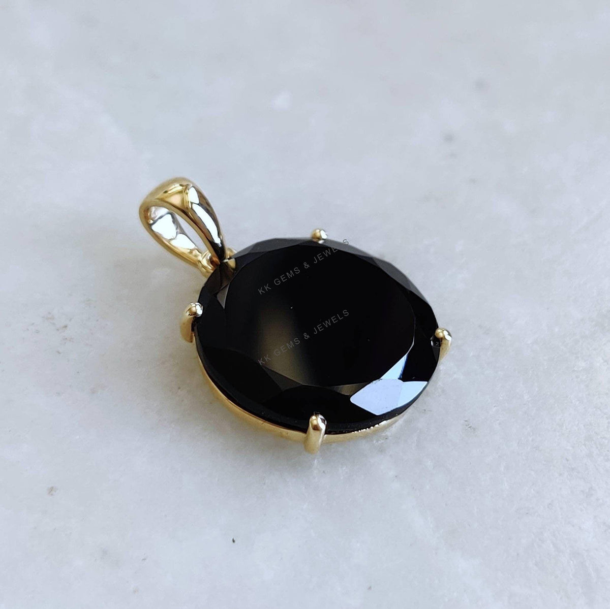 14K Solid Yellow Gold Natural Black Onyx Pendant, December Birthstone Pendant, Christmas Present
