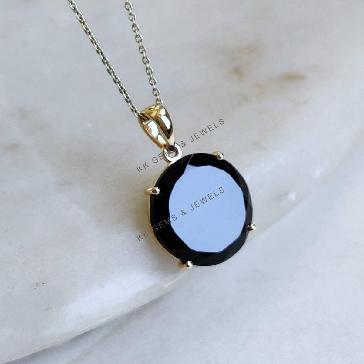 14K Solid Yellow Gold Natural Black Onyx Pendant, December Birthstone Pendant, Christmas Present