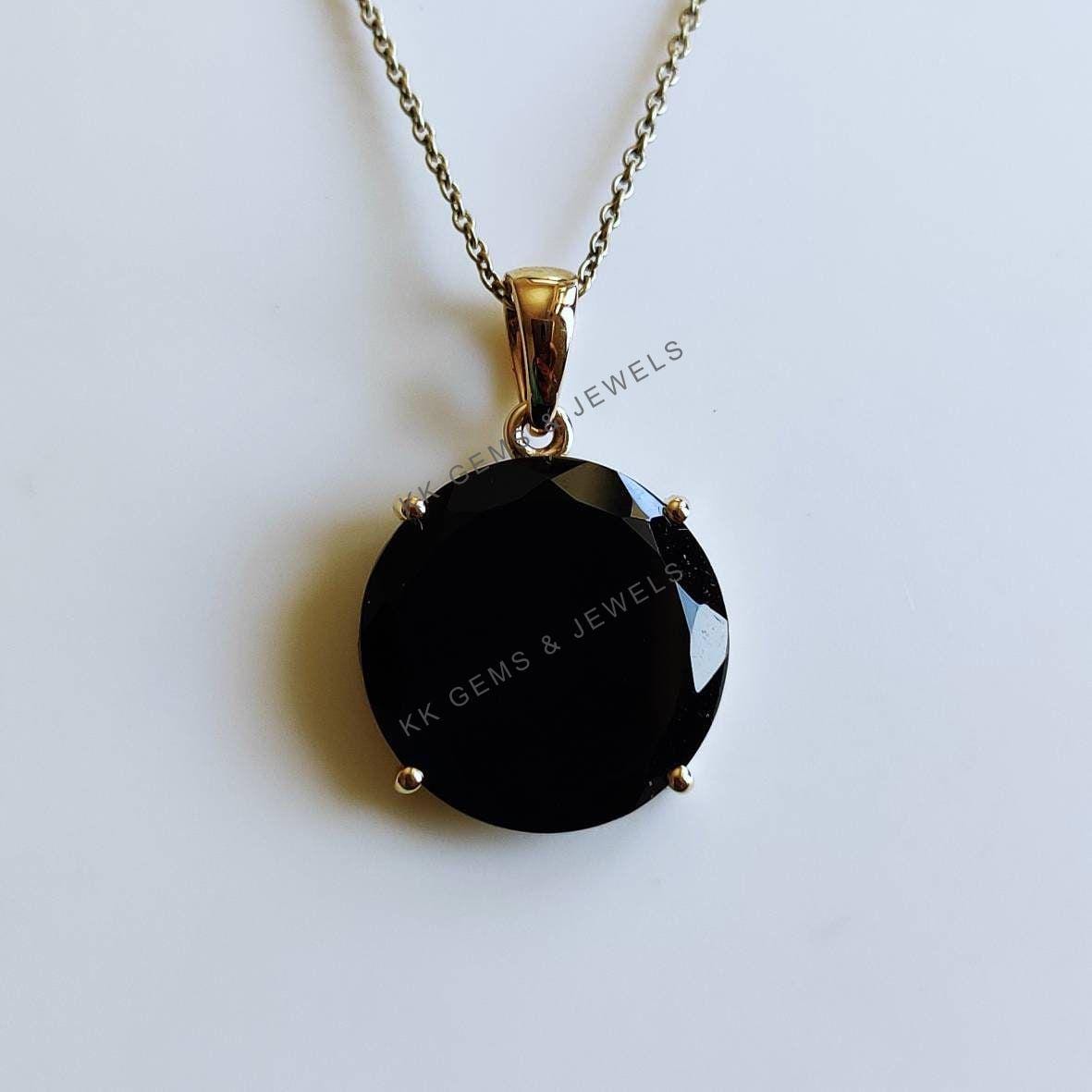 14K Solid Yellow Gold Natural Black Onyx Pendant, December Birthstone Pendant, Christmas Present