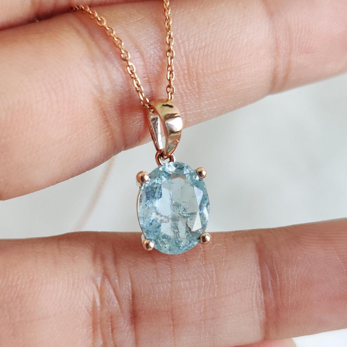 Natural Aquamarine Pendant, 14K Solid Rose Gold, March Birthstone