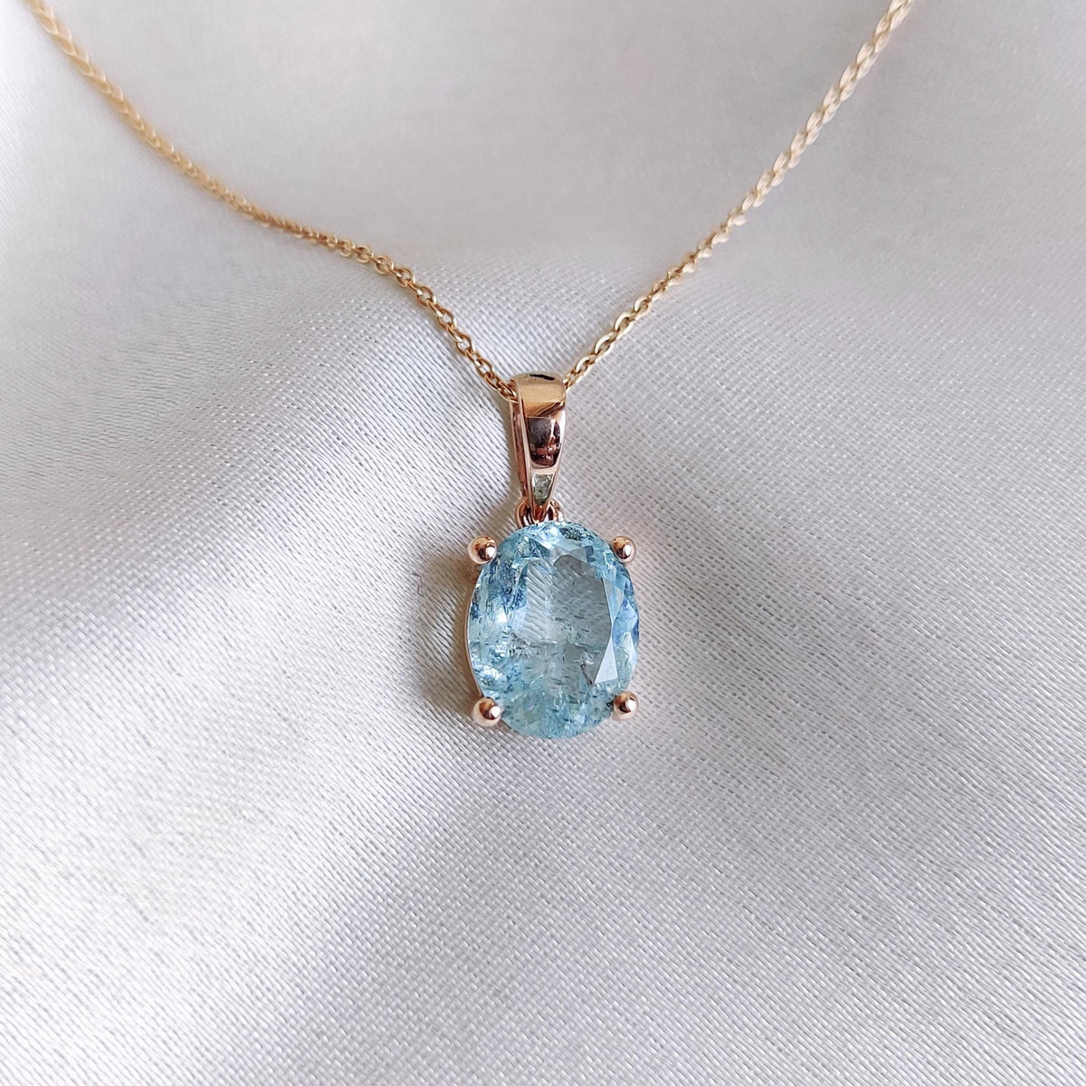Natural Aquamarine Pendant, 14K Solid Rose Gold, March Birthstone