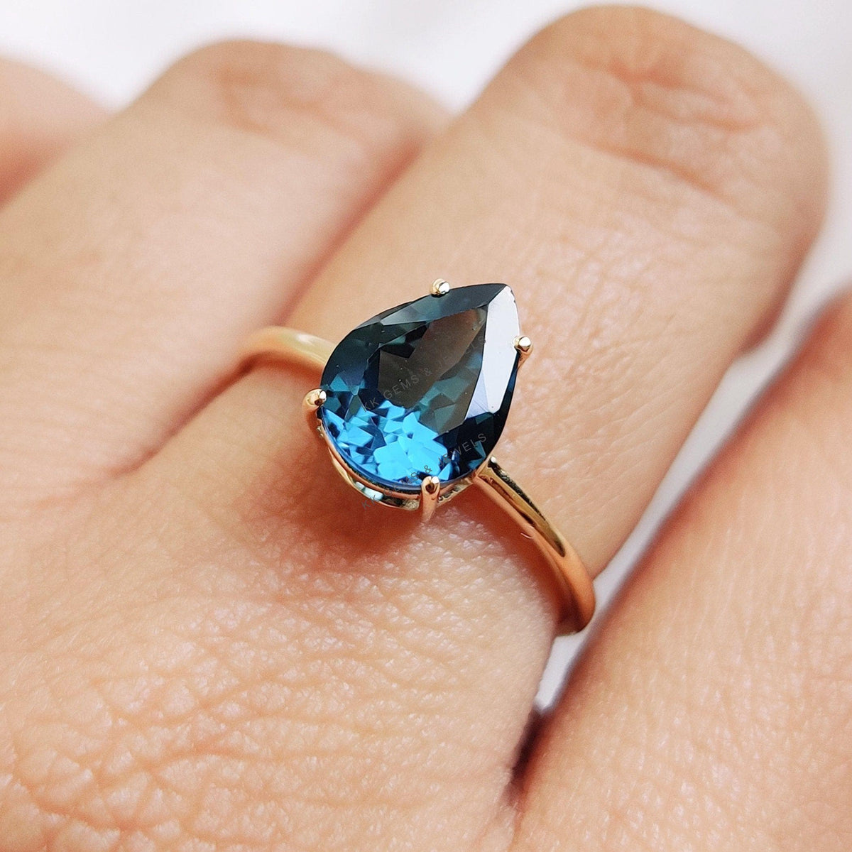 14K Solid Yellow Gold Natural London Blue Topaz Ring,  Pear Cut Ring, Anniversary Gift