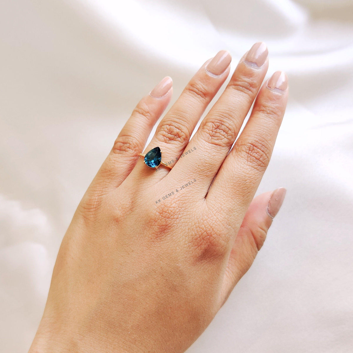 14K Solid Yellow Gold Natural London Blue Topaz Ring,  Pear Cut Ring, Anniversary Gift