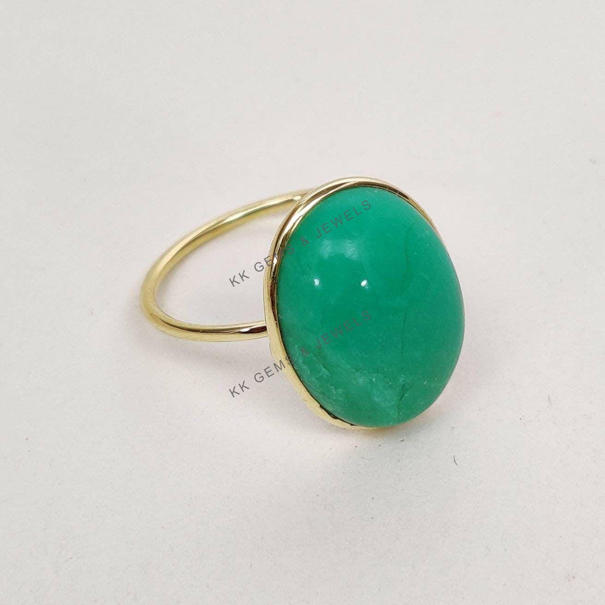 Natural Chrysoprase Ring, 14K Solid Yellow Gold Bezel Ring, May Birthstone