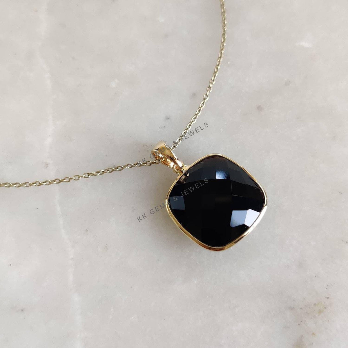 14K Solid Yellow Gold Natural Black Onyx Pendant, December Birthstone