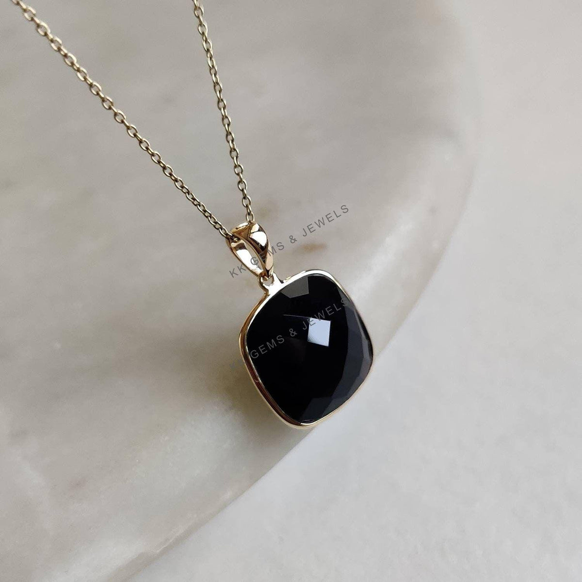 14K Solid Yellow Gold Natural Black Onyx Pendant, December Birthstone