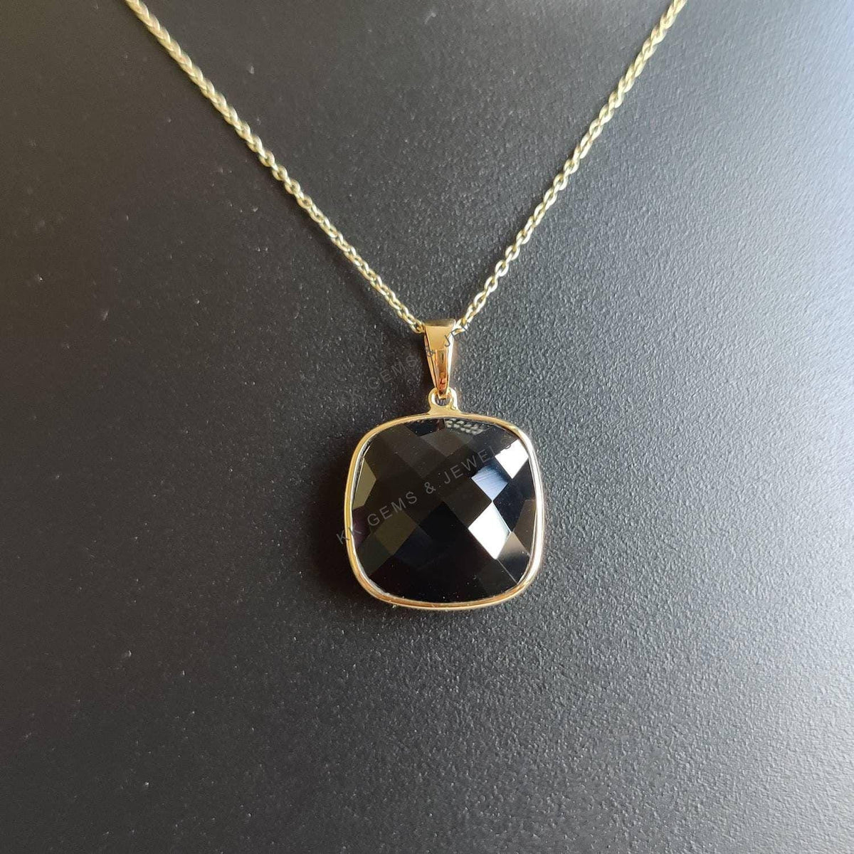 14K Solid Yellow Gold Natural Black Onyx Pendant, December Birthstone