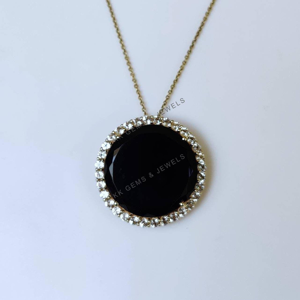 14K Solid Yellow Gold Natural Black Onyx & White Topaz Halo Pendant, December Birthstone