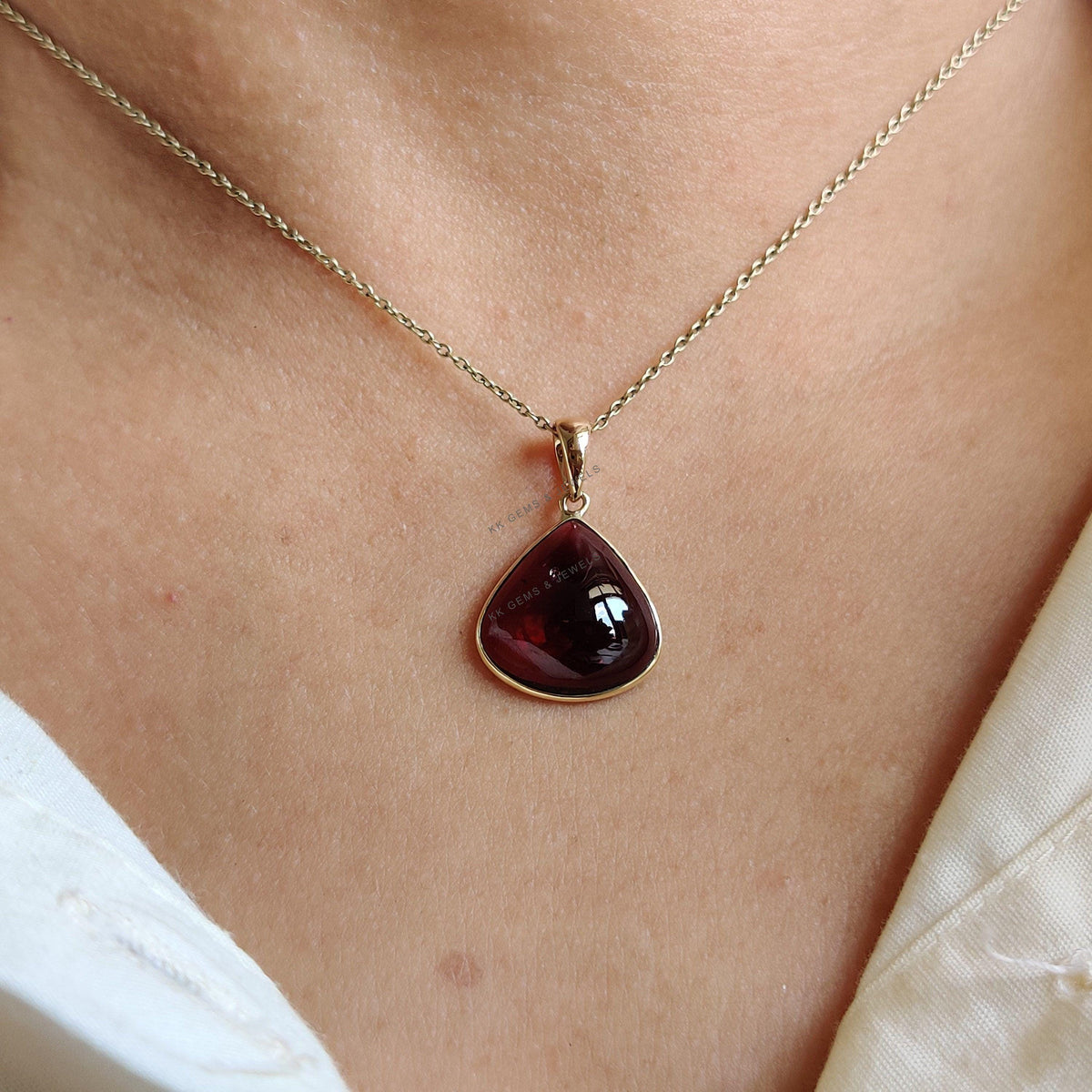 14K Solid Gold Natural Garnet Pendant, January Birthstone, Bezel Jewelry