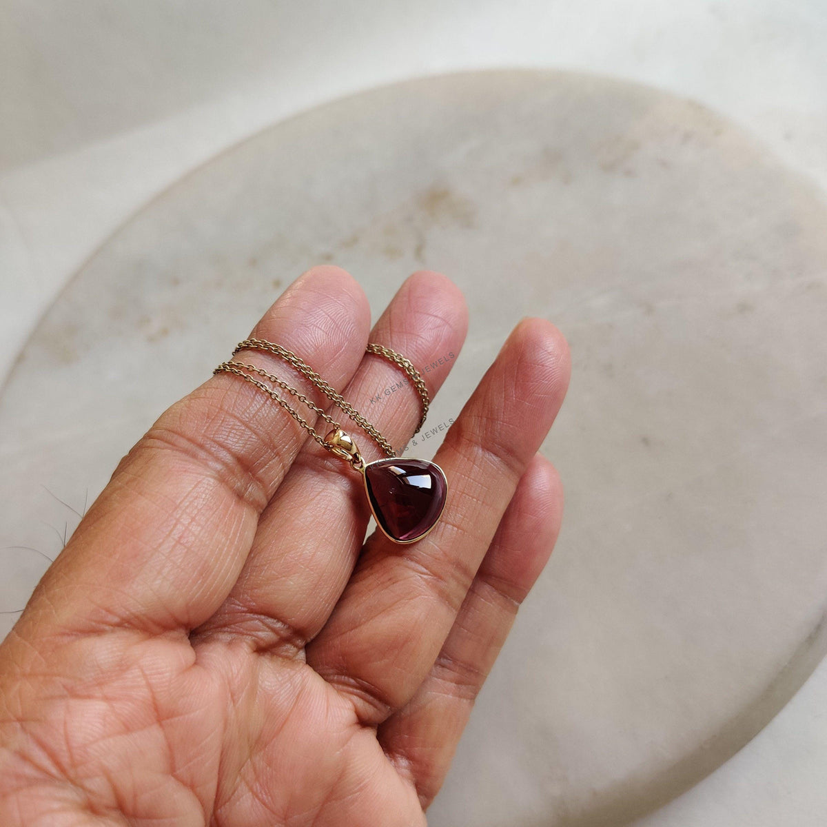 14K Solid Gold Natural Garnet Pendant, January Birthstone, Bezel Jewelry