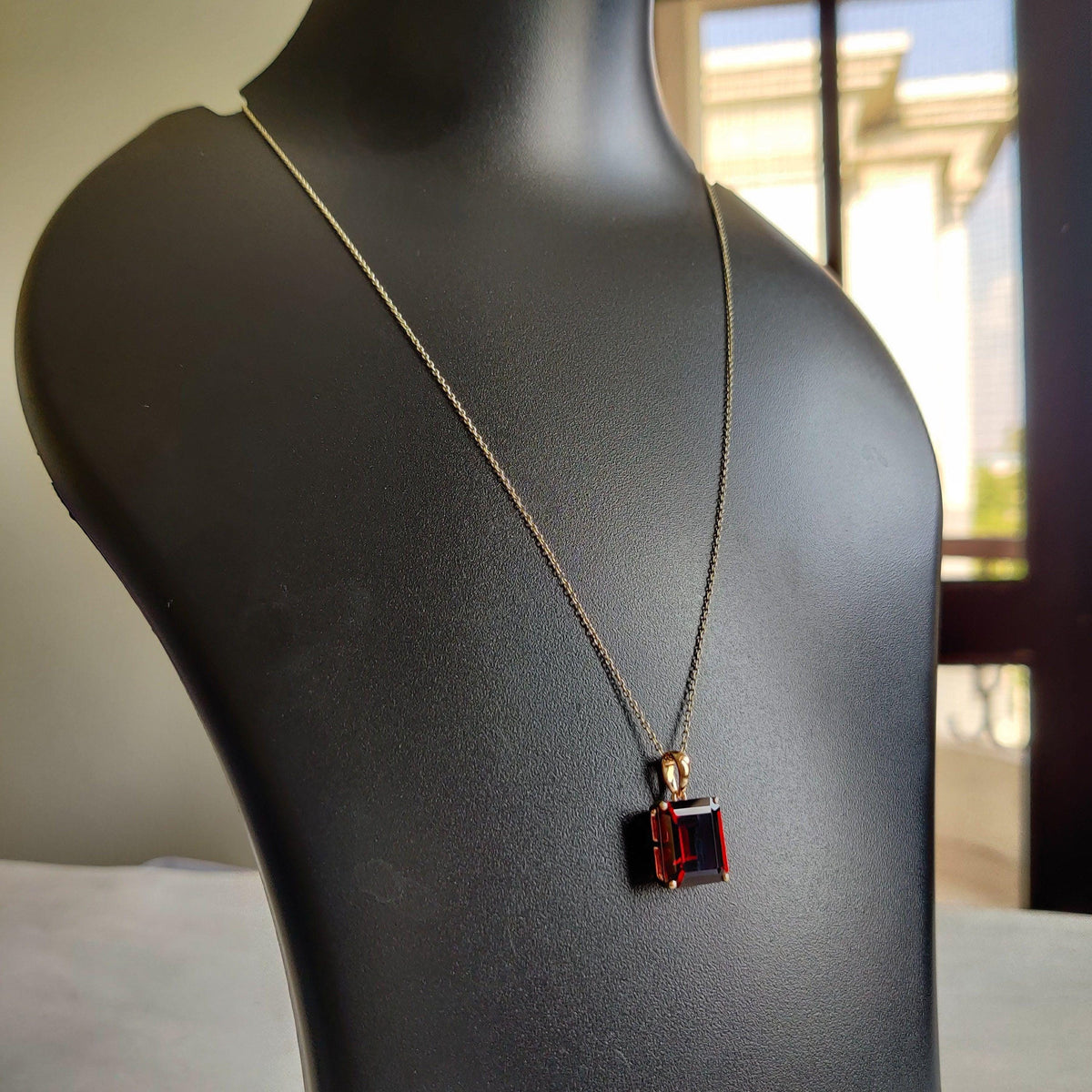 14K Solid Yellow Gold Natural Garnet Octagon Pendant, January Birthstone