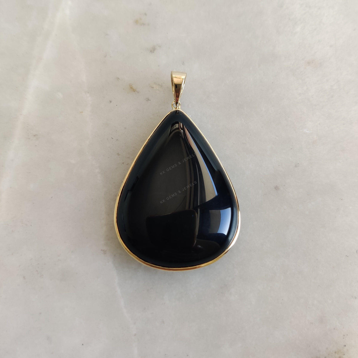 14K Solid Yellow Gold Natural Black Onyx Pear Bezel Pendant, December Birthstone