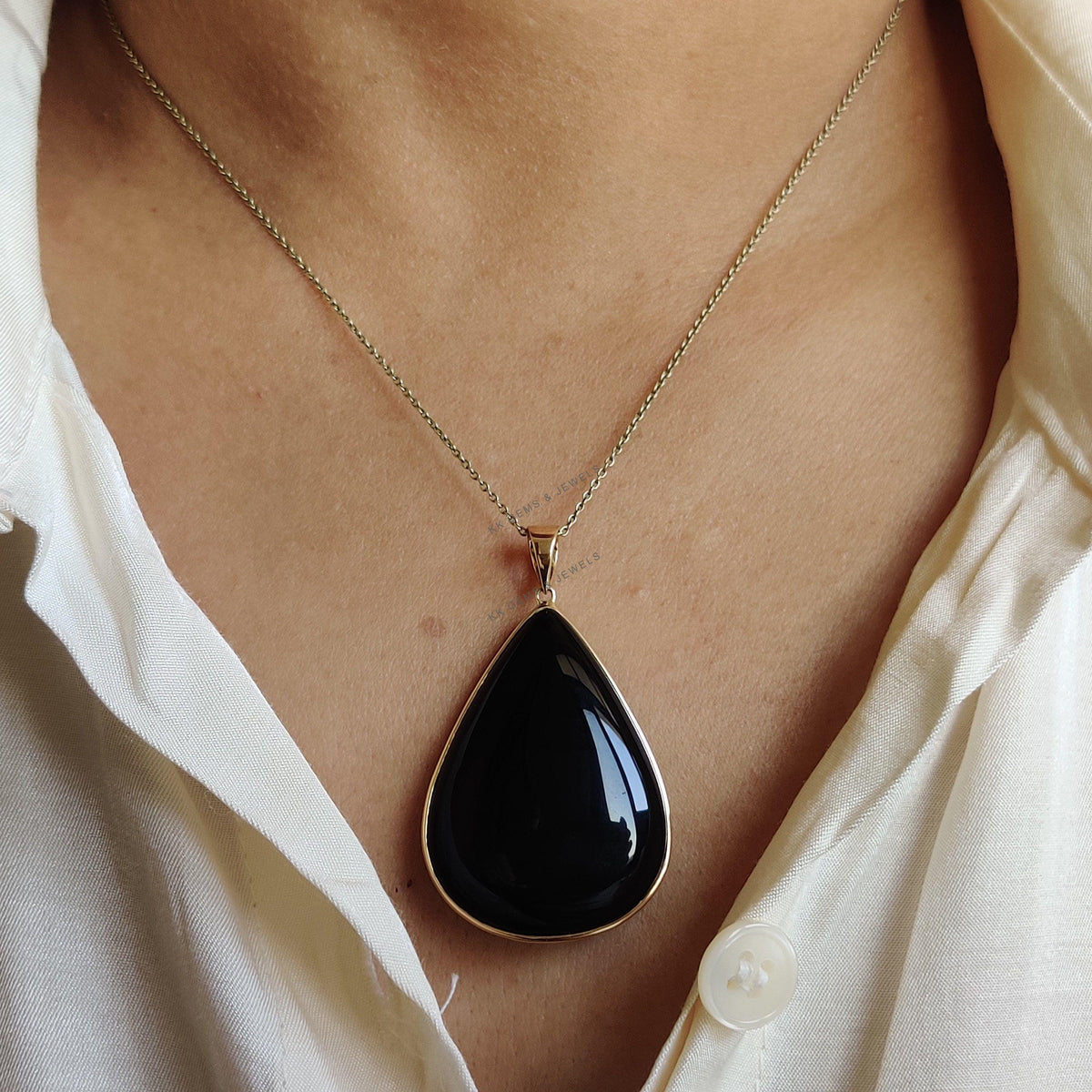 14K Solid Yellow Gold Natural Black Onyx Pear Bezel Pendant, December Birthstone
