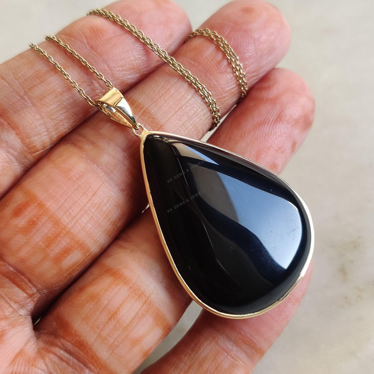 14K Solid Yellow Gold Natural Black Onyx Pear Bezel Pendant, December Birthstone