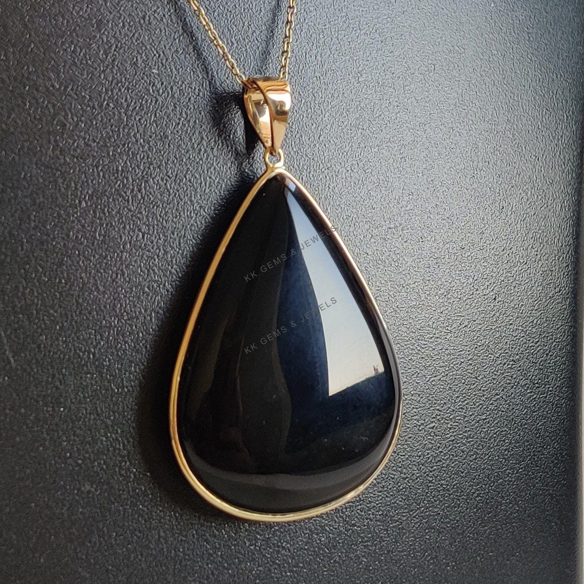 14K Solid Yellow Gold Natural Black Onyx Pear Bezel Pendant, December Birthstone