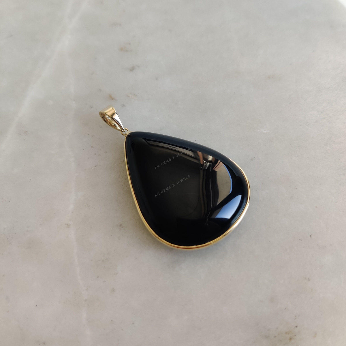 14K Solid Yellow Gold Natural Black Onyx Pear Bezel Pendant, December Birthstone