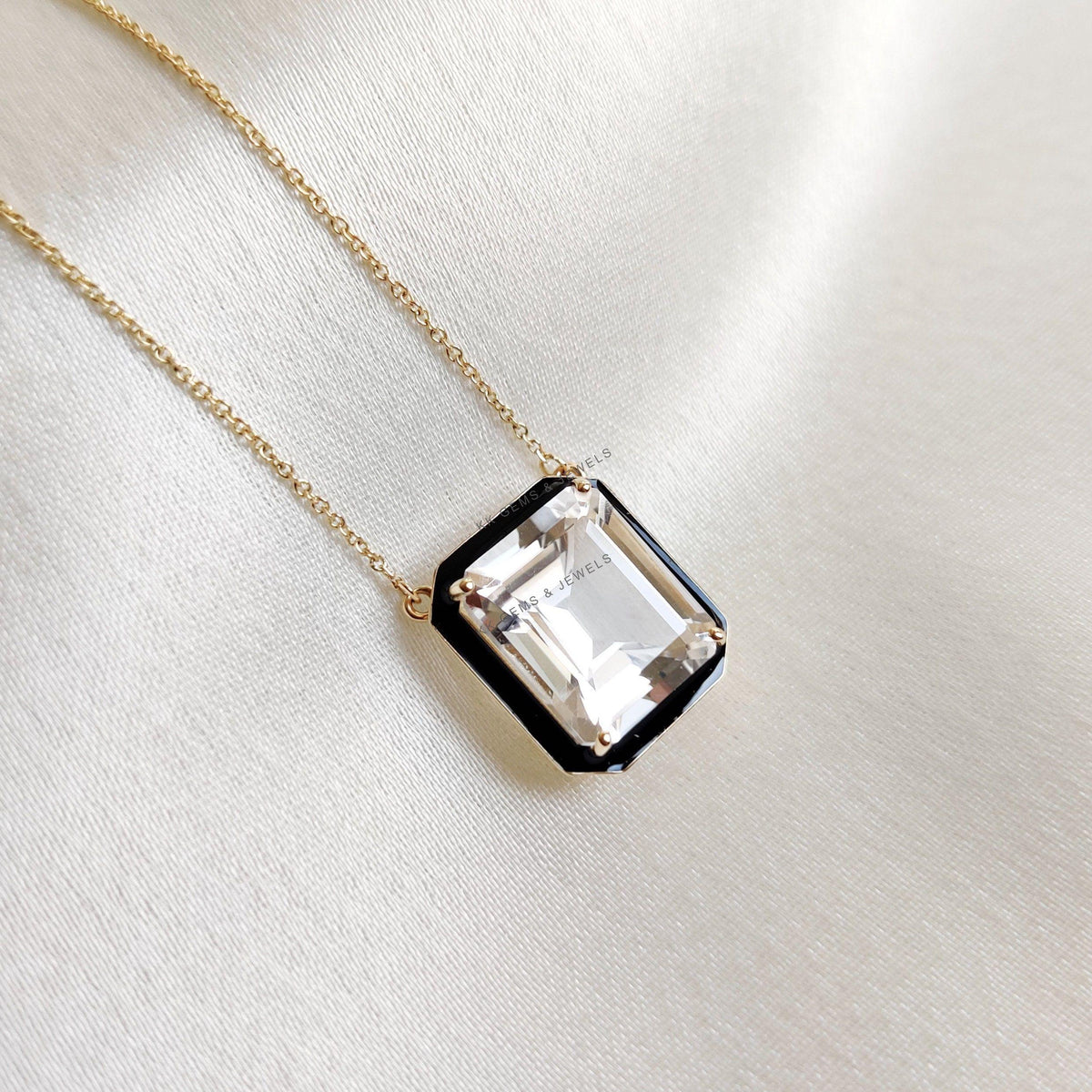 14K Solid Yellow Gold Natural White Topaz With Black Enamel Pendant, Christmas Present