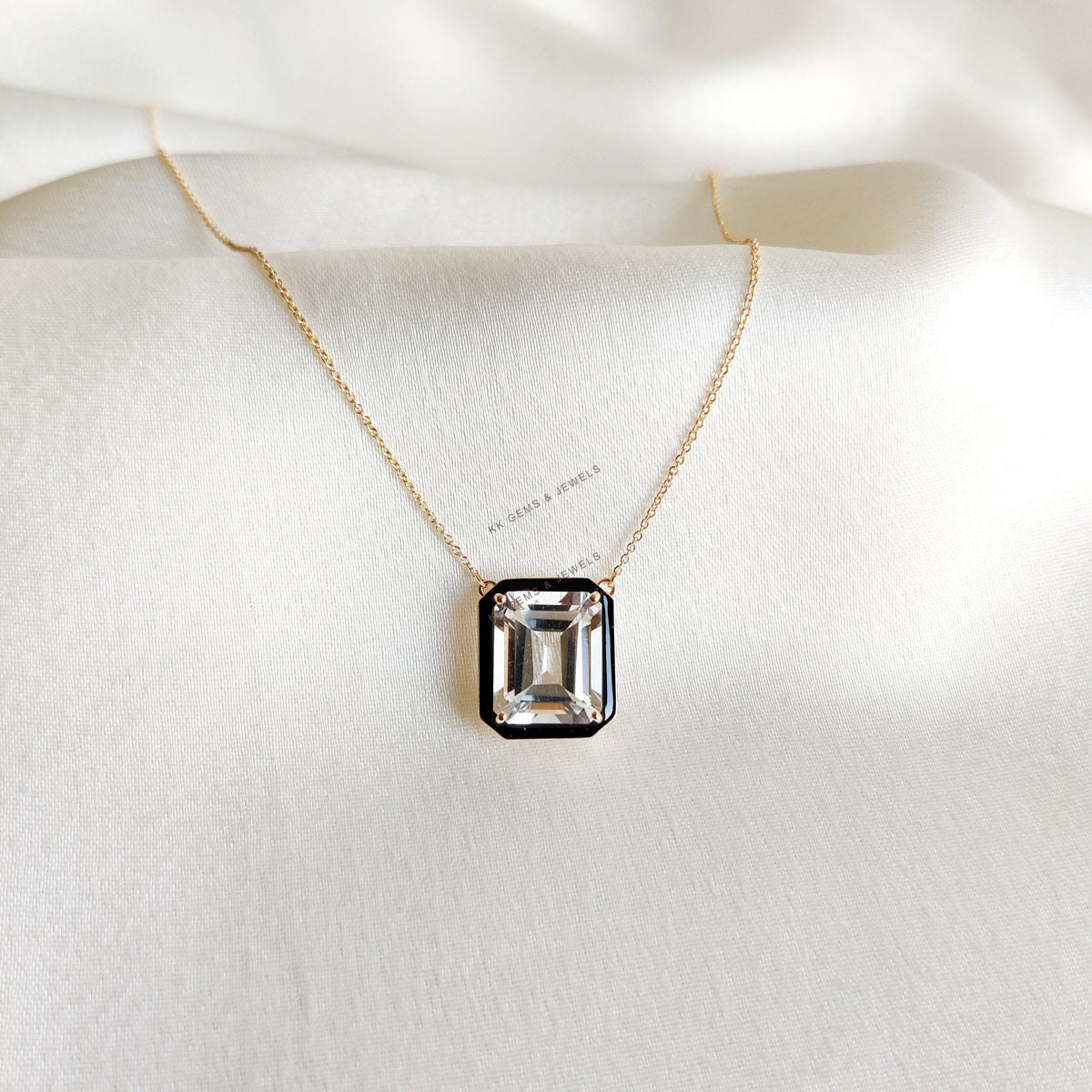 14K Solid Yellow Gold Natural White Topaz With Black Enamel Pendant, Christmas Present