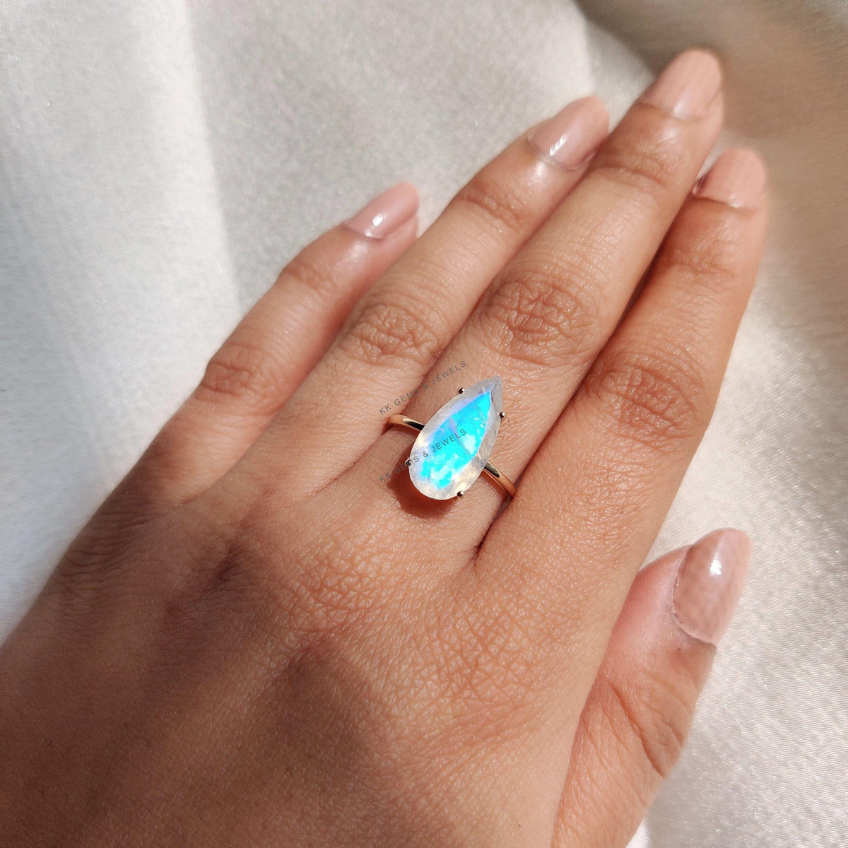 Pear Cut Natural Rainbow Moonstone Ring, 14K Solid Yellow Gold, June Birthstone