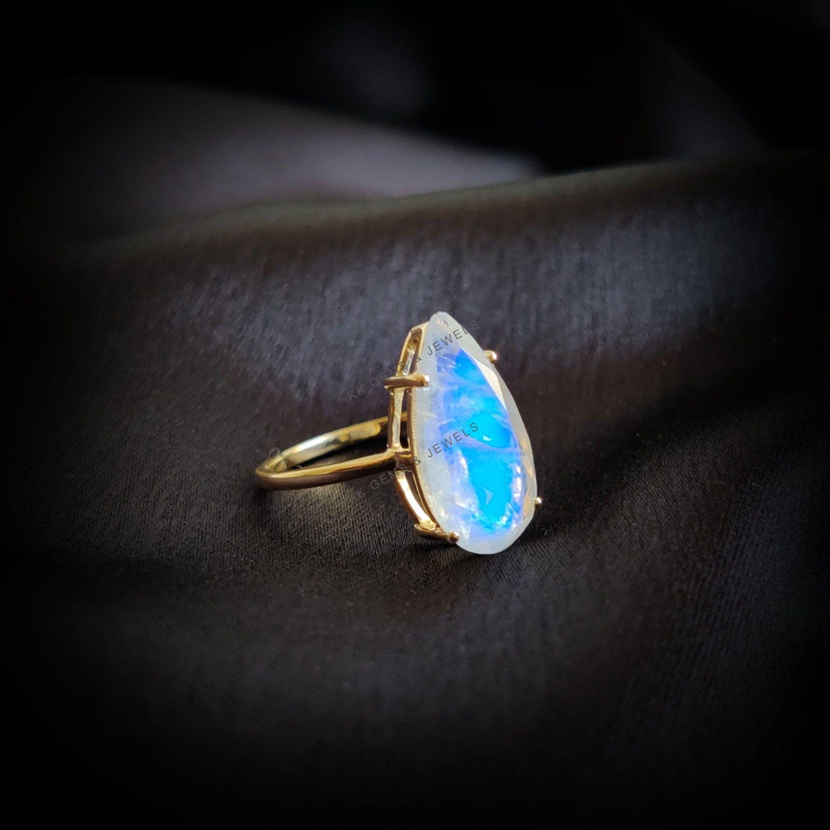 Pear Cut Natural Rainbow Moonstone Ring, 14K Solid Yellow Gold, June Birthstone