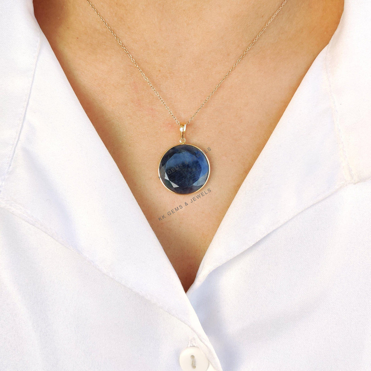 Natural Blue Sapphire Pendant, 14K Solid Yellow Gold Pendant, Bezel Set Pendant