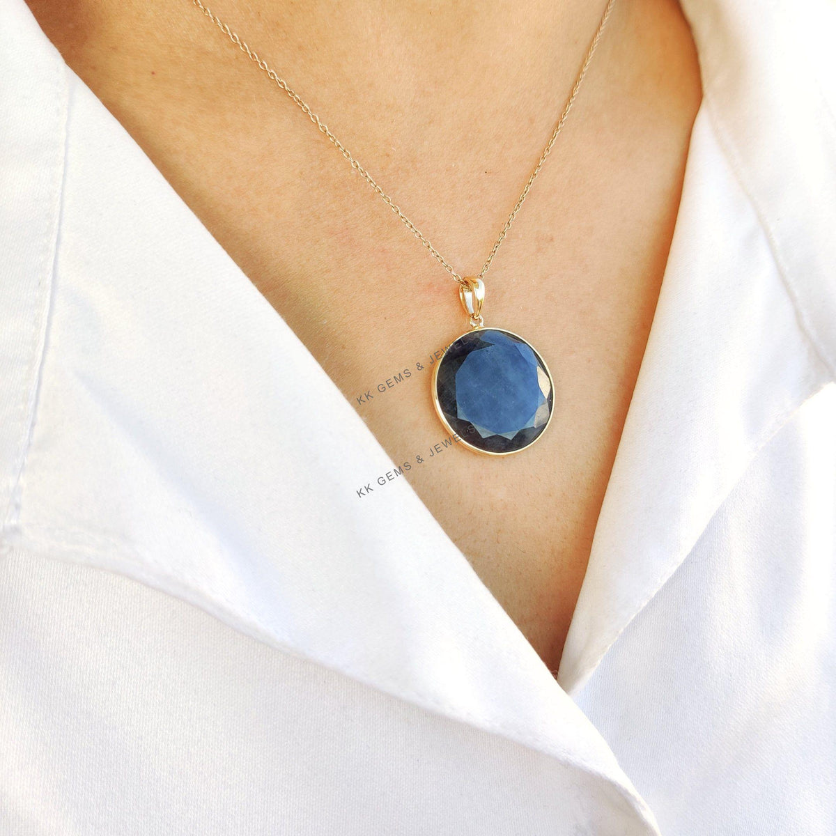 Natural Blue Sapphire Pendant, 14K Solid Yellow Gold Pendant, Bezel Set Pendant