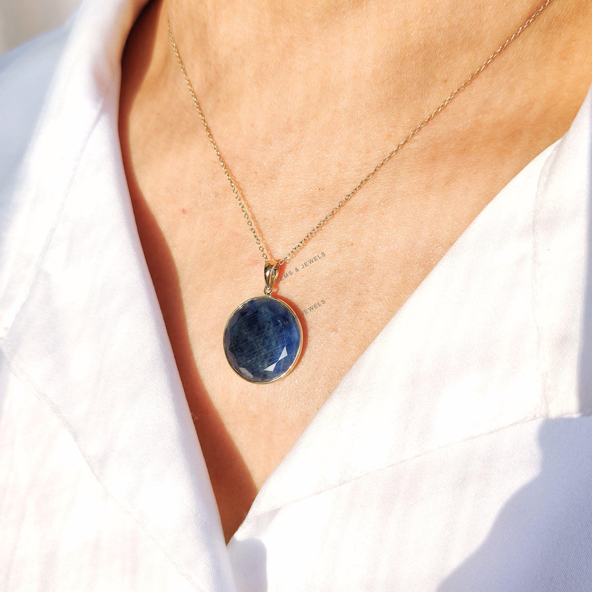 Natural Blue Sapphire Pendant, 14K Solid Yellow Gold Pendant, Bezel Set Pendant