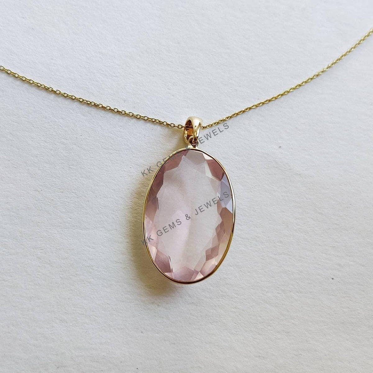 Natural Oval Rose Quartz Pendant, 14K Solid Gold Pendant, January Birthstone