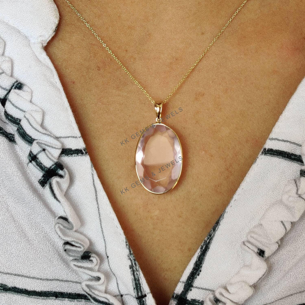 Natural Oval Rose Quartz Pendant, 14K Solid Gold Pendant, January Birthstone