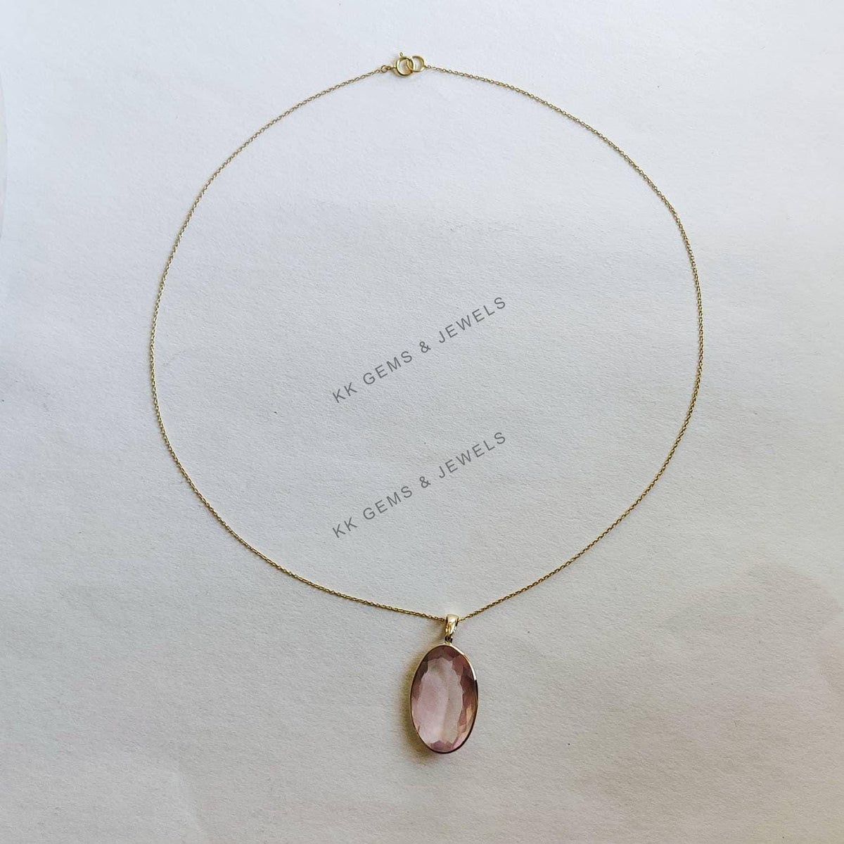 Natural Oval Rose Quartz Pendant, 14K Solid Gold Pendant, January Birthstone