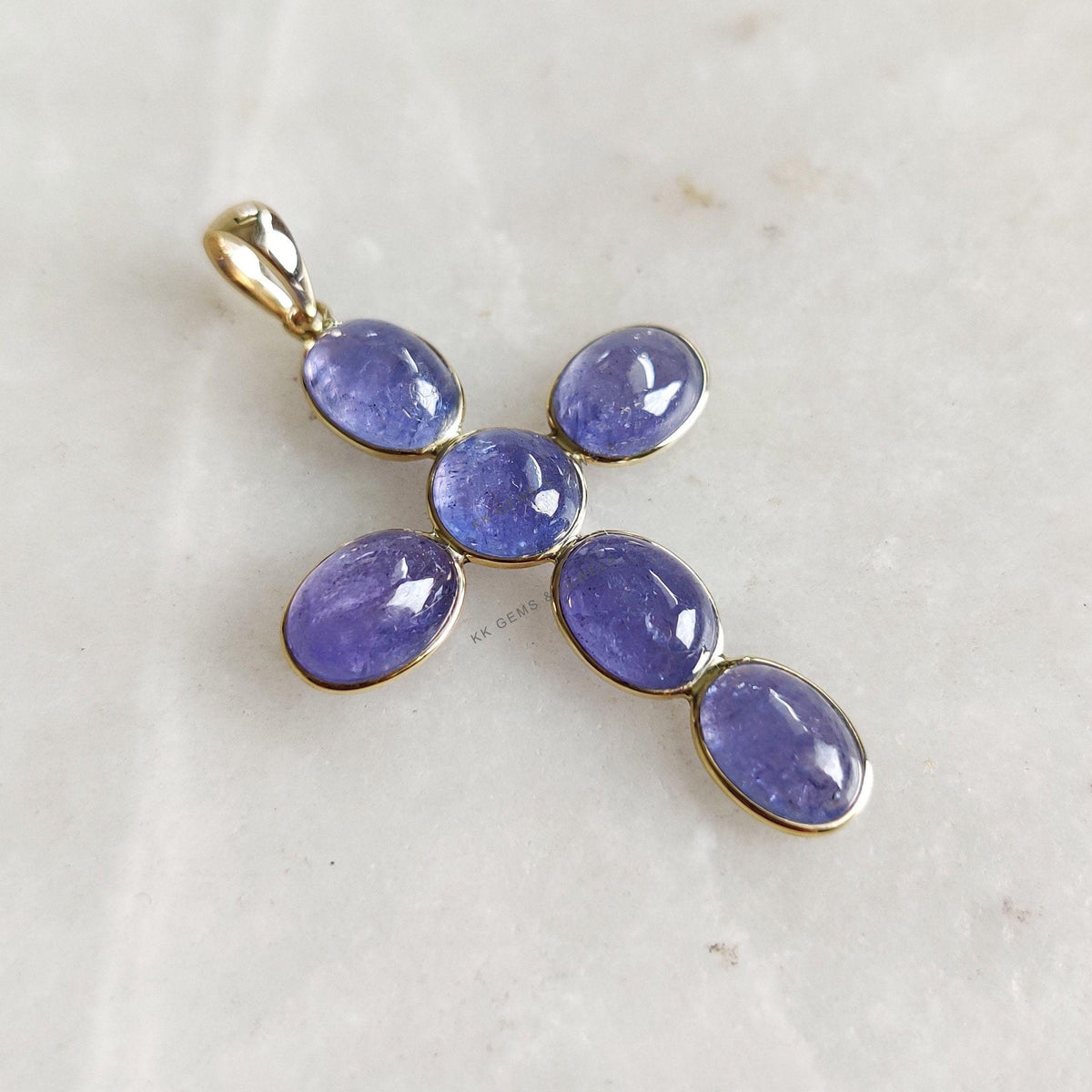 Natural Tanzanite Cross Pendant, 14K Solid Yellow Gold, December Birthstone