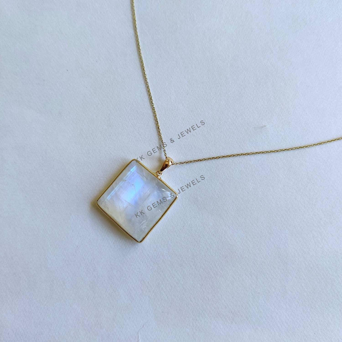 Natural Rainbow Moonstone 14K Solid Yellow Gold Pendant: June Birthstone