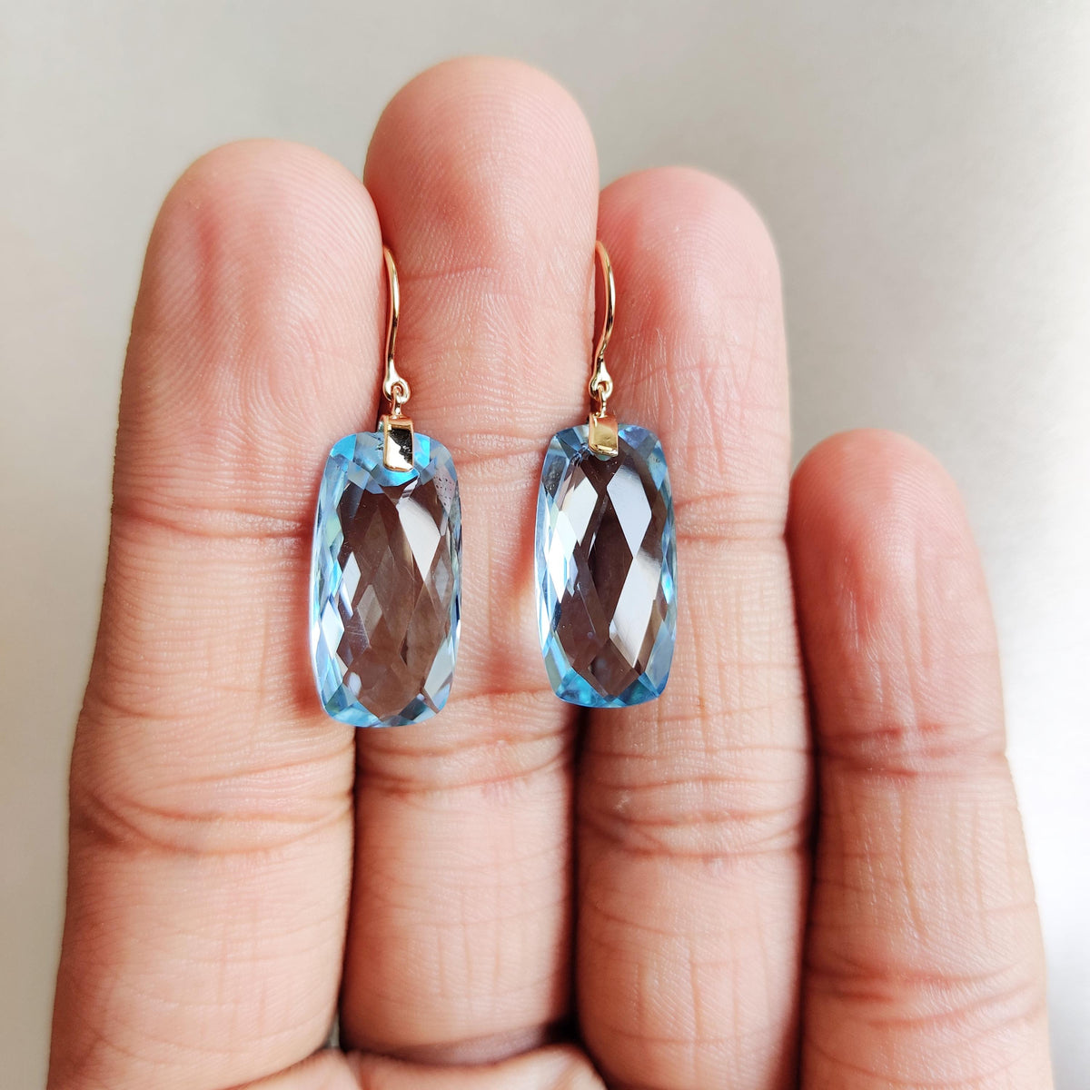 Natural Sky Blue Topaz Drill Earrings, 14K Solid Yellow Gold, December Birthstone