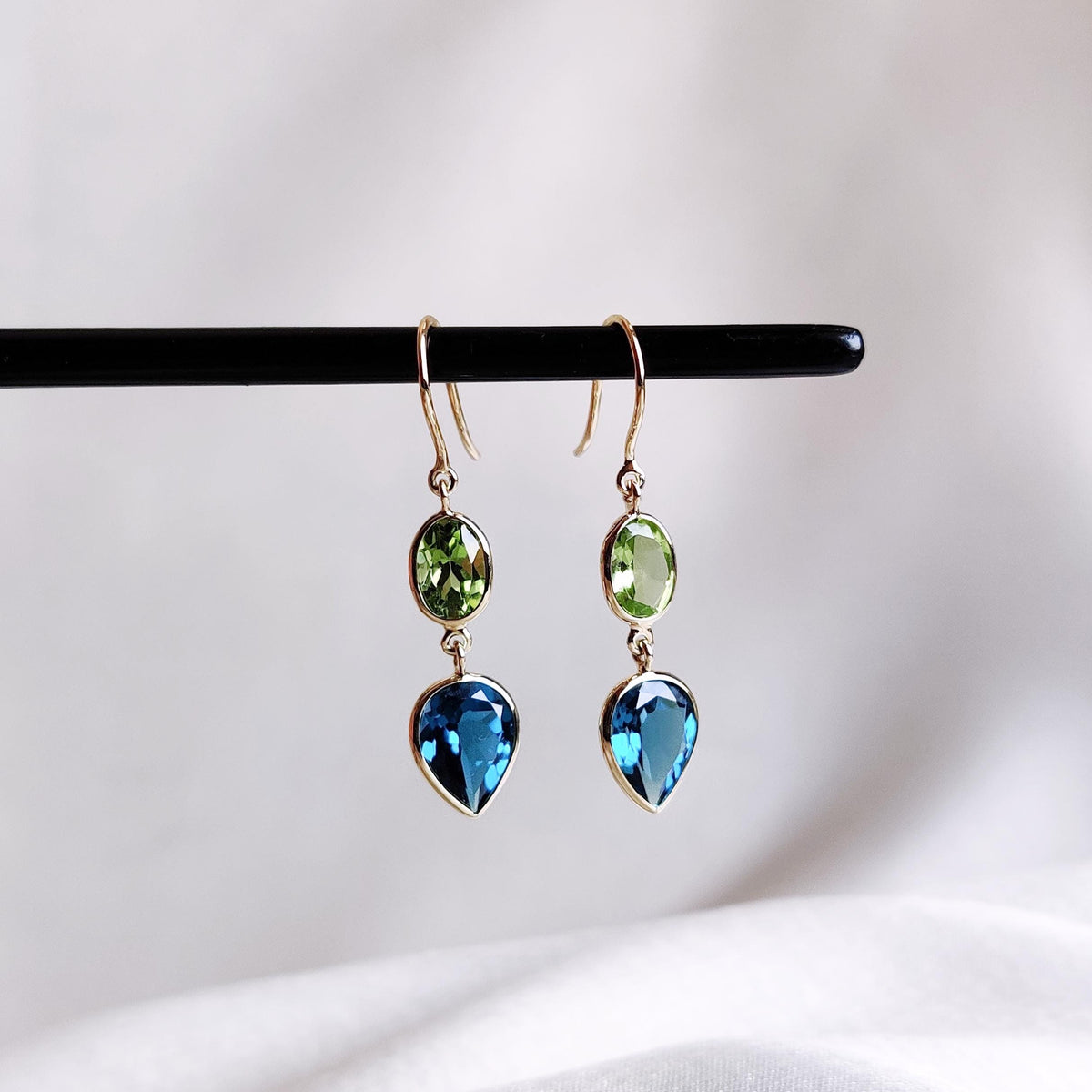 Natural Peridot & London Blue Topaz 14K Solid Yellow Gold Bezel Dangle Earrings, Christmas Gift
