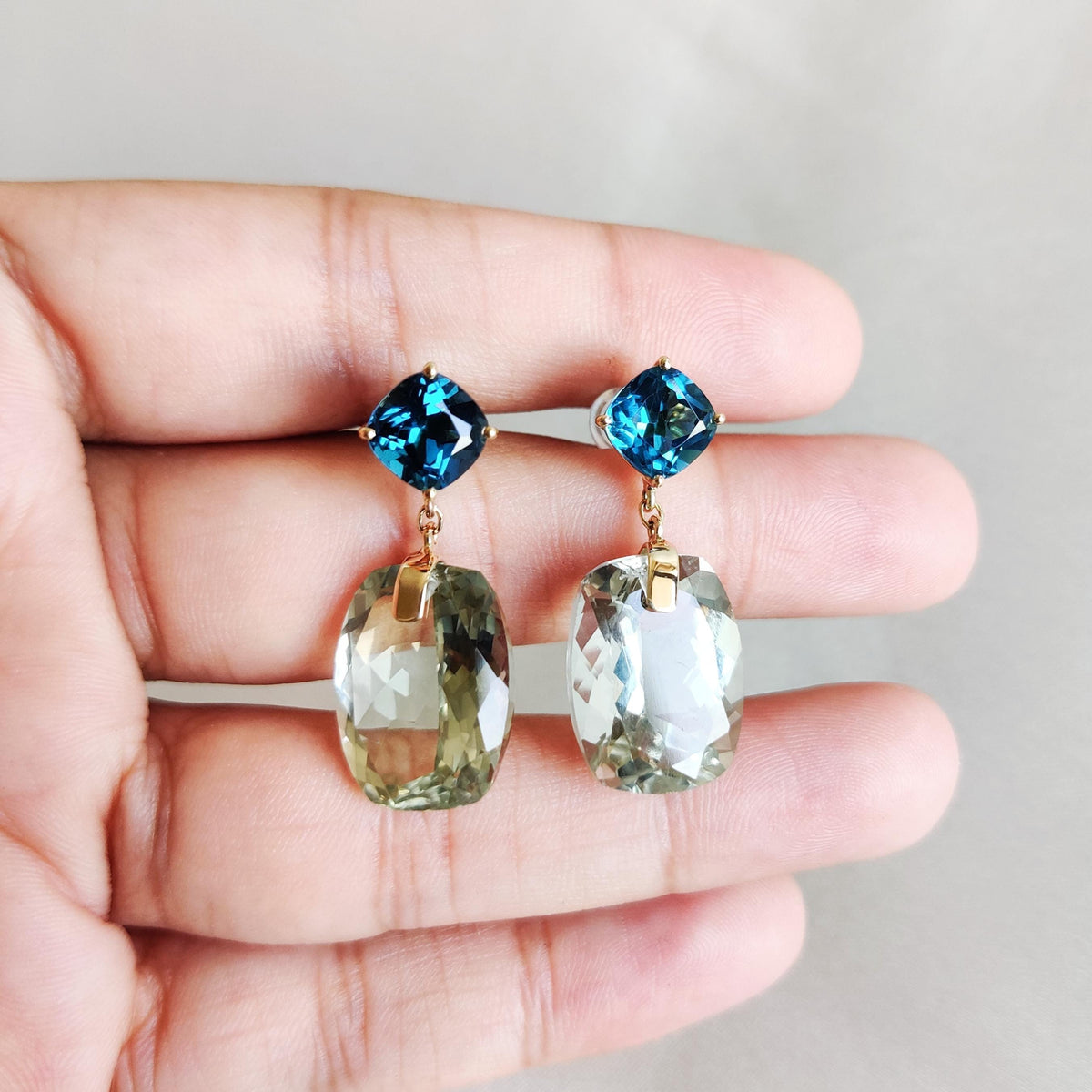 Natural London Blue Topaz and Green Amethyst Earrings, 14K Solid Yellow Gold Studs