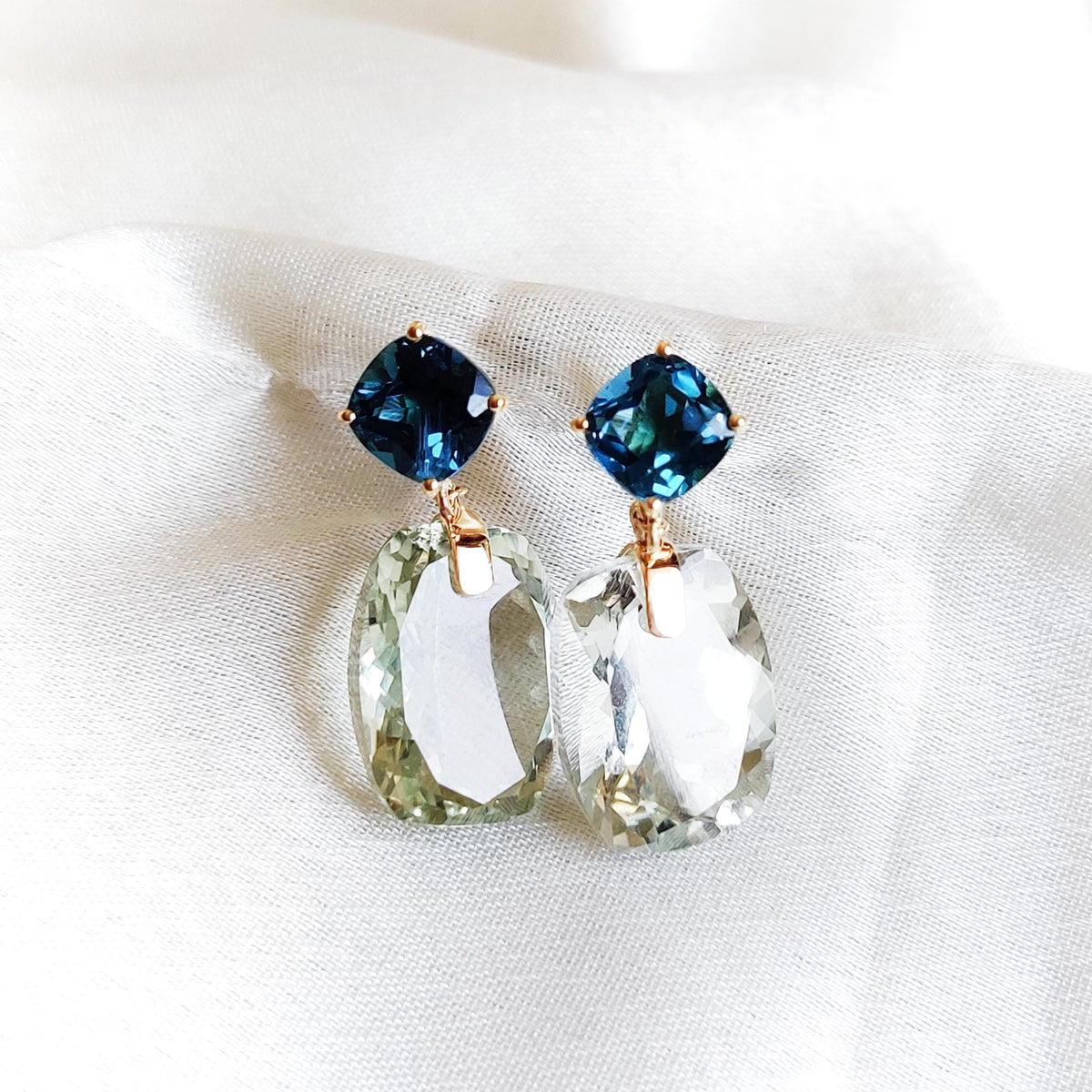 Natural London Blue Topaz and Green Amethyst Earrings, 14K Solid Yellow Gold Studs
