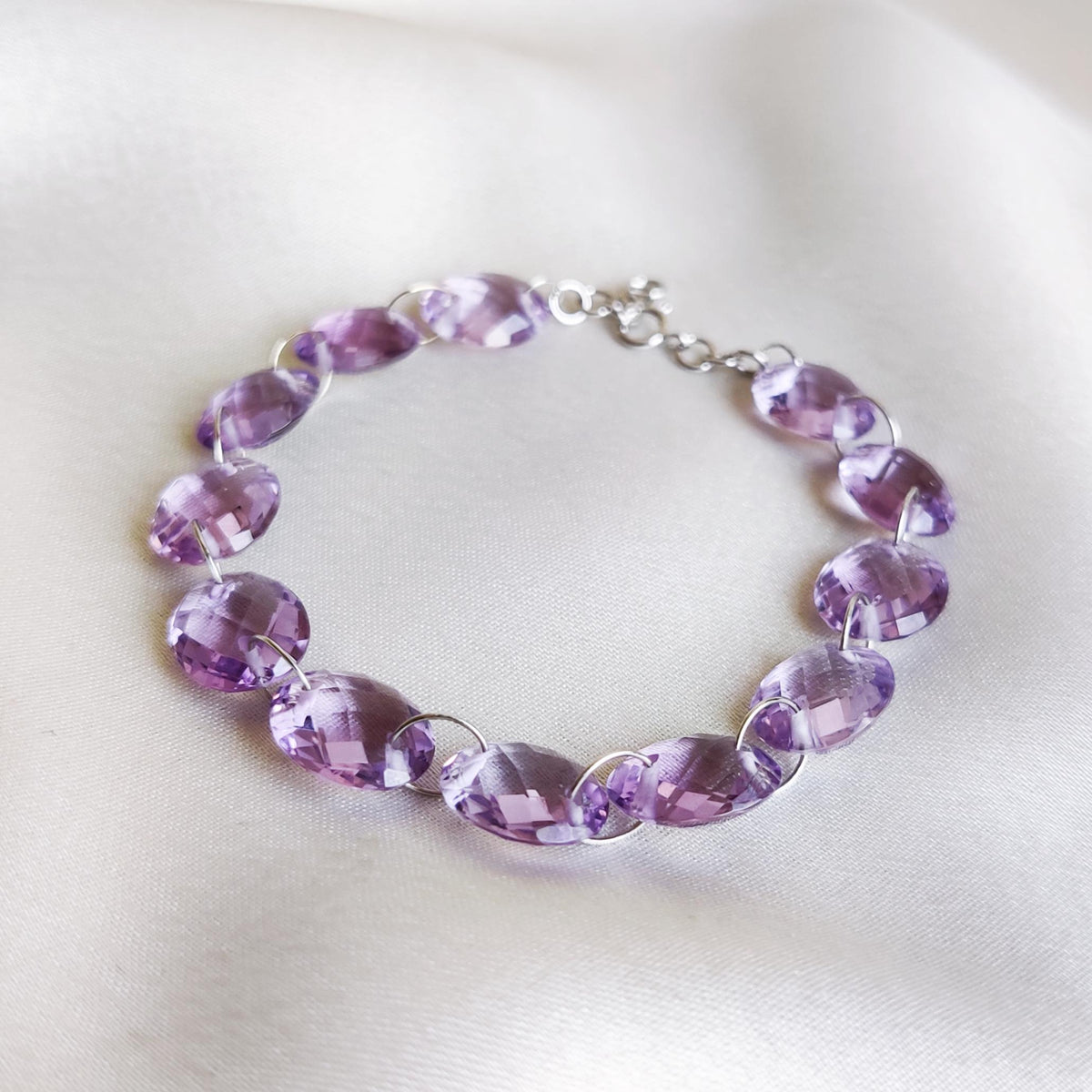 Natural Purple Amethyst Bracelet, 14K Solid White Gold, Dainty Chain