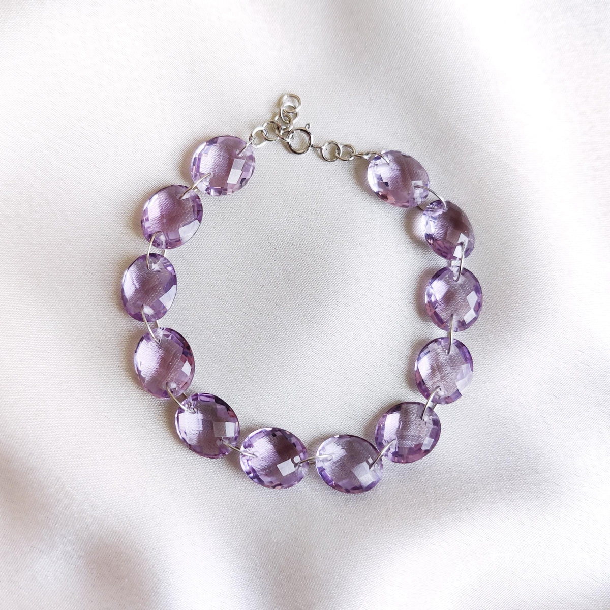 Natural Purple Amethyst Bracelet, 14K Solid White Gold, Dainty Chain