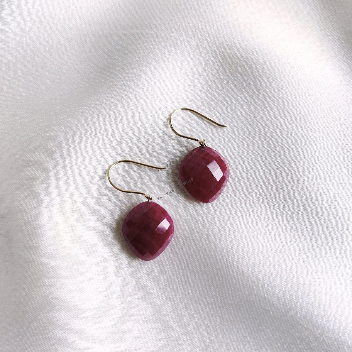 14K Solid Yellow Gold Natural Ruby Drop Drill Earrings, July Birthstone
