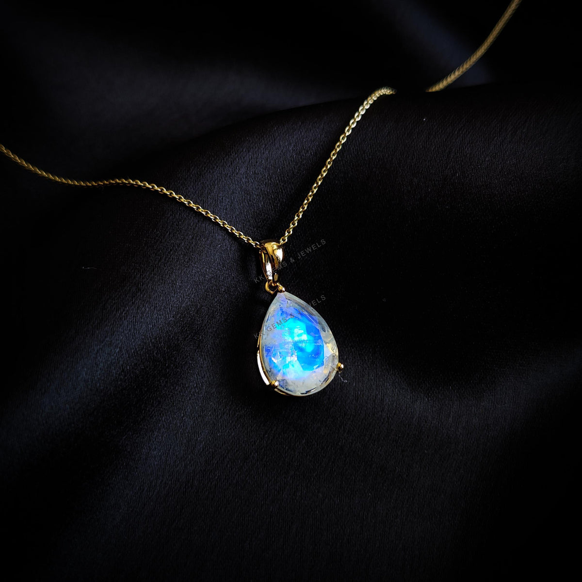 Natural Rainbow Moonstone Pendant, 14K Solid Yellow Gold, Pear Cut