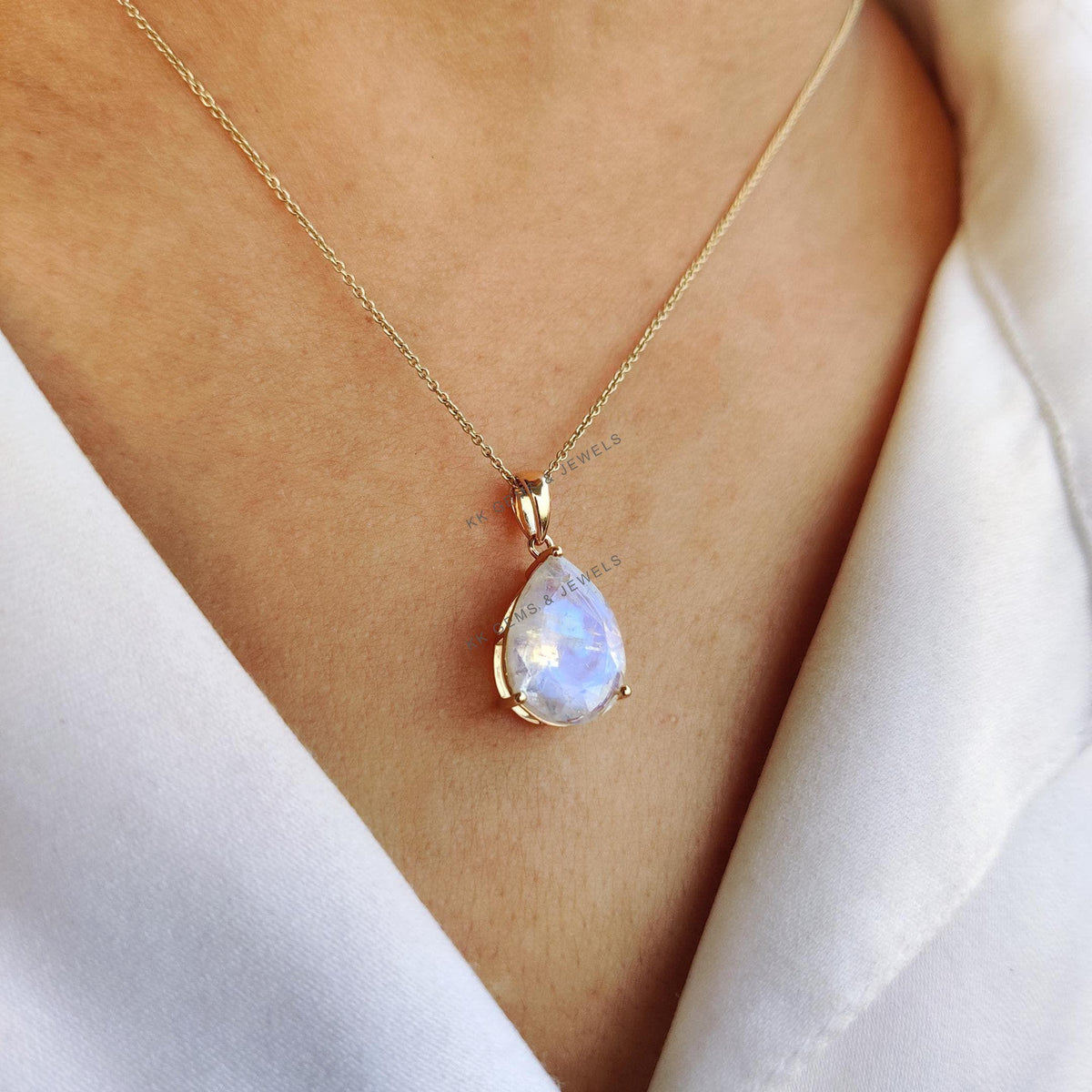 Natural Rainbow Moonstone Pendant, 14K Solid Yellow Gold, Pear Cut