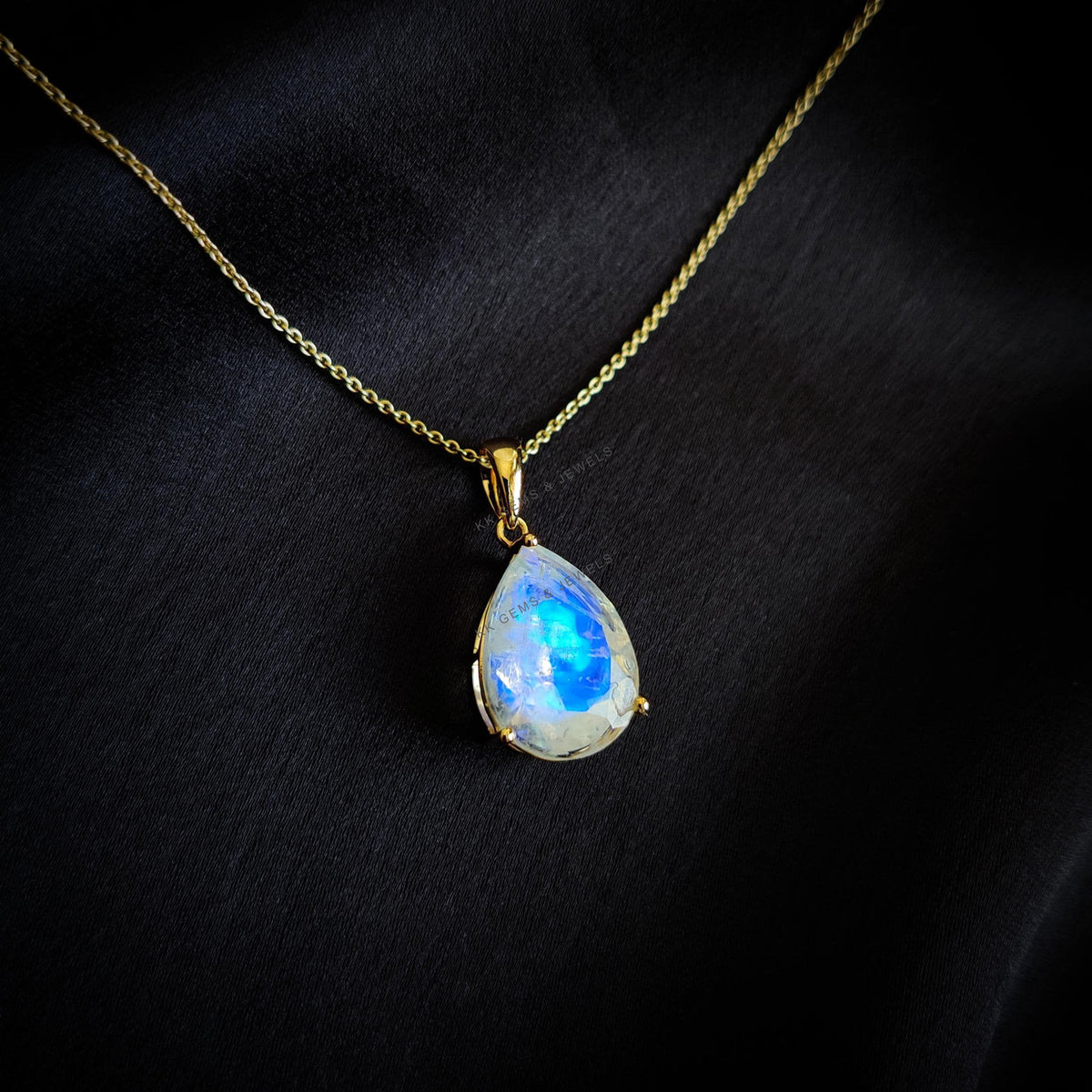 Natural Rainbow Moonstone Pendant, 14K Solid Yellow Gold, Pear Cut
