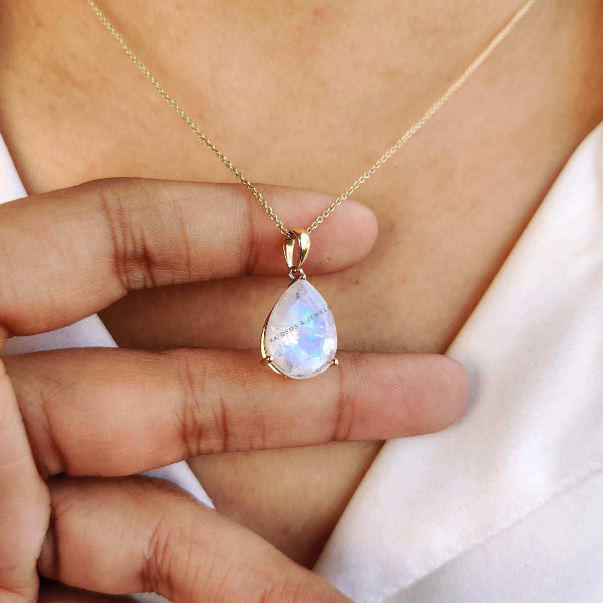 Natural Rainbow Moonstone Pendant, 14K Solid Yellow Gold, Pear Cut